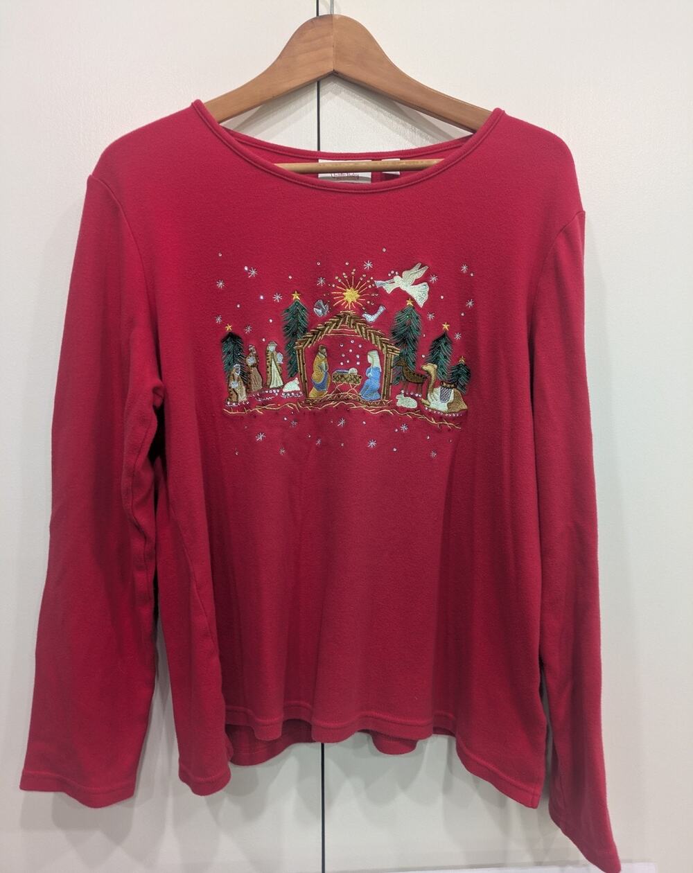 Quacker Factory Nativity Scene Embellished Red Top Large Christmas Grandma-Core